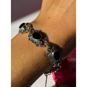 Vintage 925 Sterling Silver Onyx & Marcasite Bracelet 7 inch
