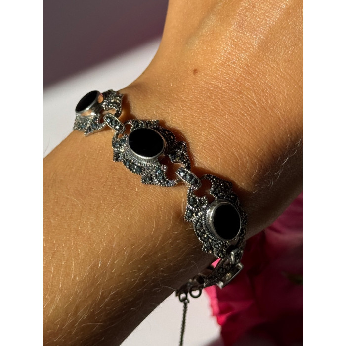 Vintage 925 Sterling Silver Onyx & Marcasite Bracelet 7 inch