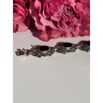 Vintage 925 Sterling Silver Onyx & Marcasite Bracelet 7 inch