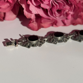 Vintage 925 Sterling Silver Onyx & Marcasite Bracelet 7 Inch