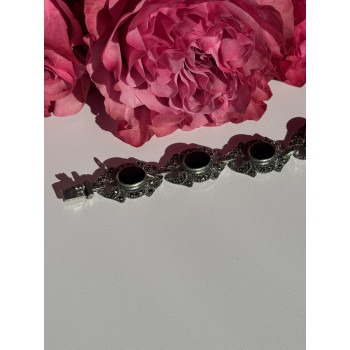 Vintage 925 Sterling Silver Onyx & Marcasite Bracelet 7 inch