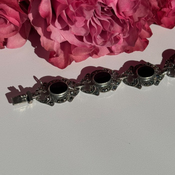 Vintage 925 Sterling Silver Onyx & Marcasite Bracelet 7 Inch