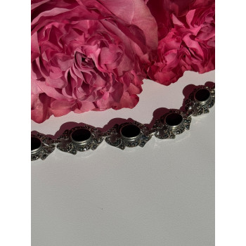 Vintage 925 Sterling Silver Onyx & Marcasite Bracelet 7 inch