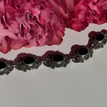 Vintage 925 Sterling Silver Onyx & Marcasite Bracelet 7 Inch
