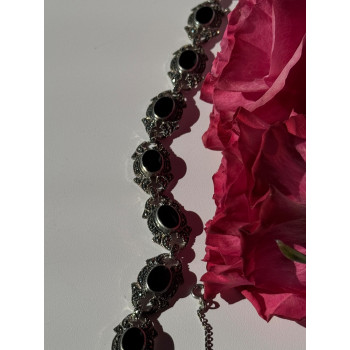 Vintage 925 Sterling Silver Onyx & Marcasite Bracelet 7 inch