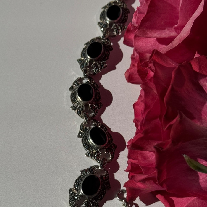 Vintage 925 Sterling Silver Onyx & Marcasite Bracelet 7 Inch