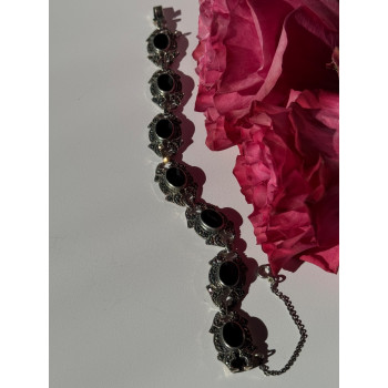 Vintage 925 Sterling Silver Onyx & Marcasite Bracelet 7 inch