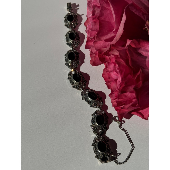 Vintage 925 Sterling Silver Onyx & Marcasite Bracelet 7 inch