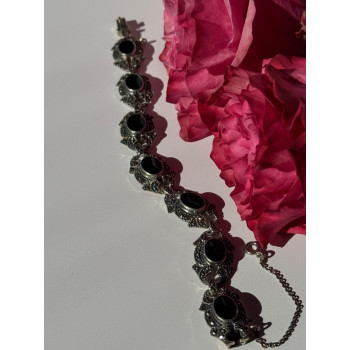 Vintage 925 Sterling Silver Onyx & Marcasite Bracelet 7 inch