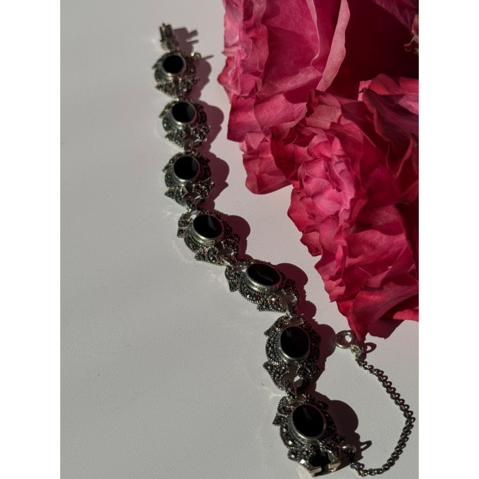 Vintage 925 Sterling Silver Onyx & Marcasite Bracelet 7 inch