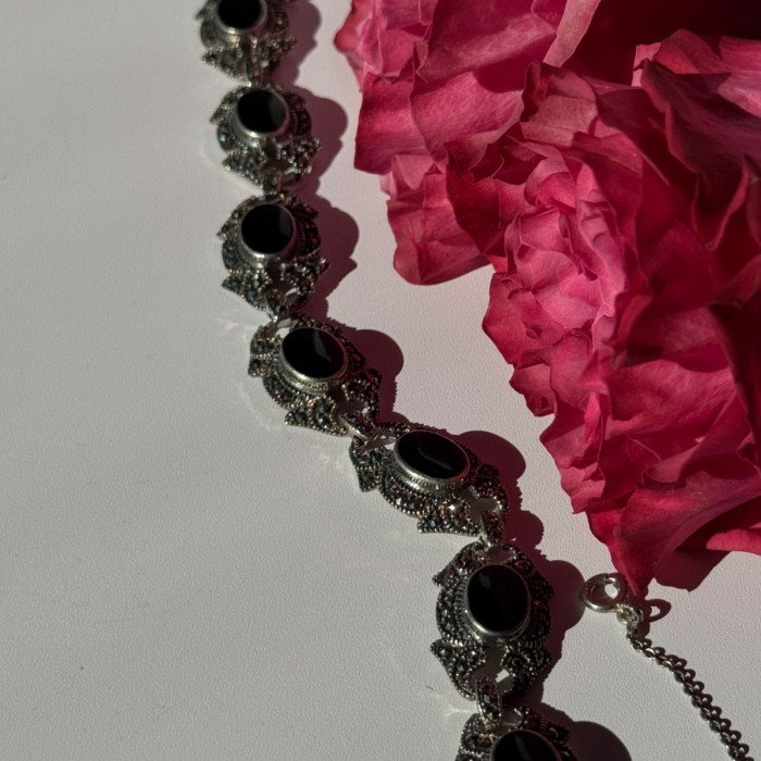 Vintage 925 Sterling Silver Onyx & Marcasite Bracelet 7 Inch