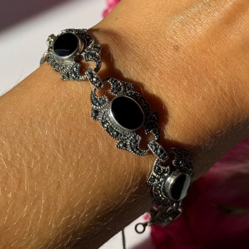 Vintage 925 Sterling Silver Onyx & Marcasite Bracelet 7 Inch