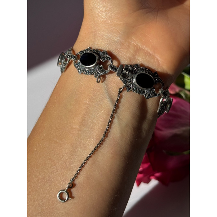 Vintage 925 Sterling Silver Onyx & Marcasite Bracelet 7 inch