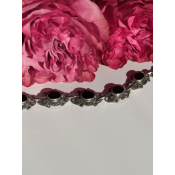 Vintage 925 Sterling Silver Onyx & Marcasite Bracelet 7 inch