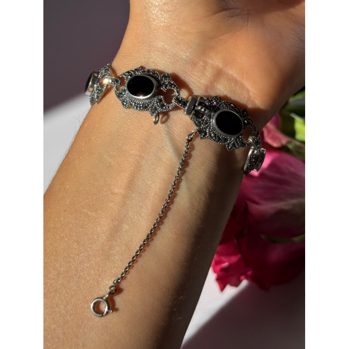 Vintage 925 Sterling Silver Onyx & Marcasite Bracelet 7 inch