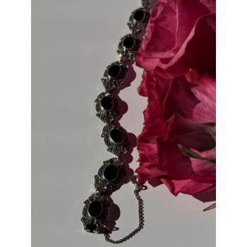 Vintage 925 Sterling Silver Onyx & Marcasite Bracelet 7 inch