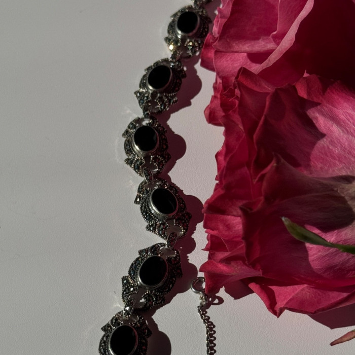 Vintage 925 Sterling Silver Onyx & Marcasite Bracelet 7 Inch