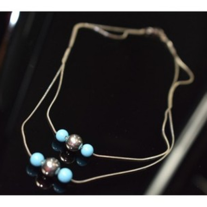 925 Sterling Silver Turquoise Imitation Necklace From two Chains Italy