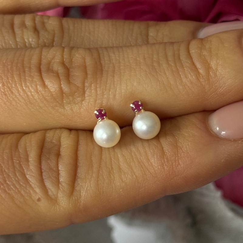 14K Yellow Gold Pearl & Ruby Stud Earrings