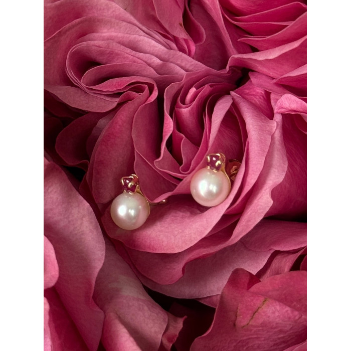14K 585 Yellow Gold Pearl & Ruby Stud Earrings