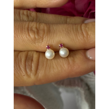 14K 585 Yellow Gold Pearl & Ruby Stud Earrings
