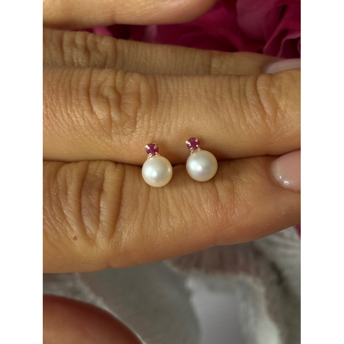 14K 585 Yellow Gold Pearl & Ruby Stud Earrings