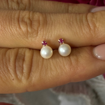 14K Yellow Gold Pearl & Ruby Stud Earrings