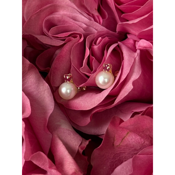 14K 585 Yellow Gold Pearl & Ruby Stud Earrings