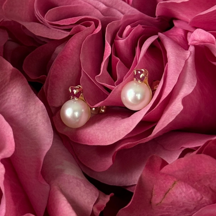 14K Yellow Gold Pearl & Ruby Stud Earrings