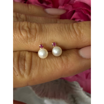 14K 585 Yellow Gold Pearl & Ruby Stud Earrings