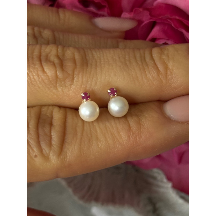 14K 585 Yellow Gold Pearl & Ruby Stud Earrings
