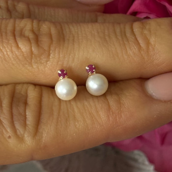 14K Yellow Gold Pearl & Ruby Stud Earrings