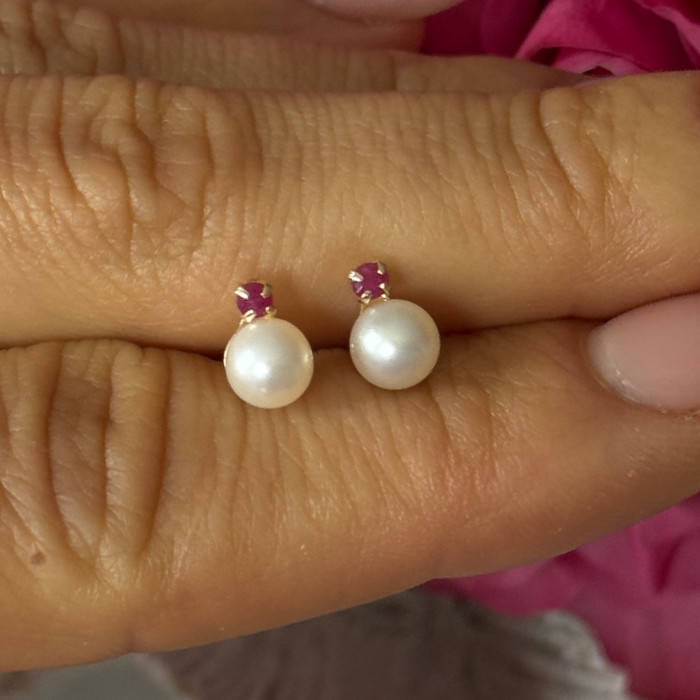14K Yellow Gold Pearl & Ruby Stud Earrings