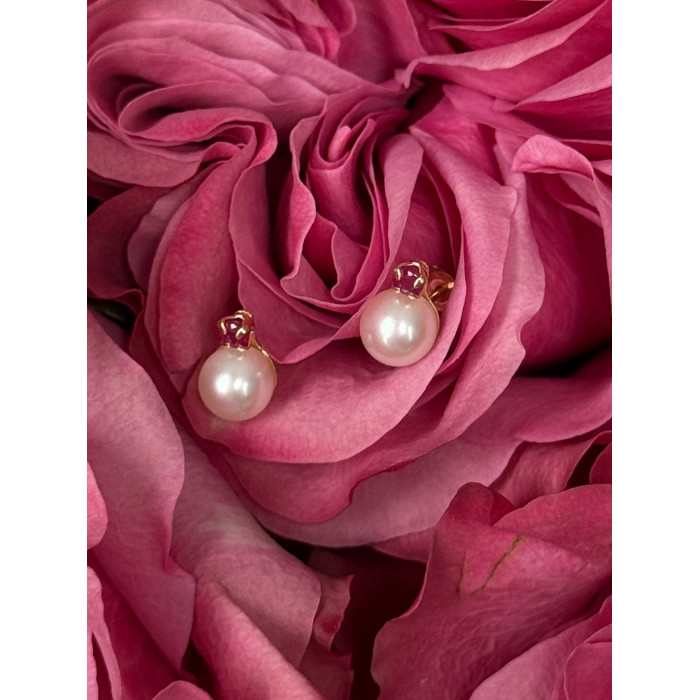 14K 585 Yellow Gold Pearl & Ruby Stud Earrings