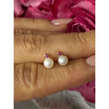 14K 585 Yellow Gold Pearl & Ruby Stud Earrings