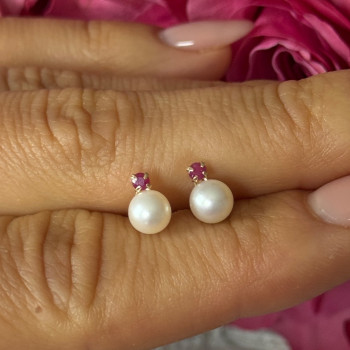 14K Yellow Gold Pearl & Ruby Stud Earrings