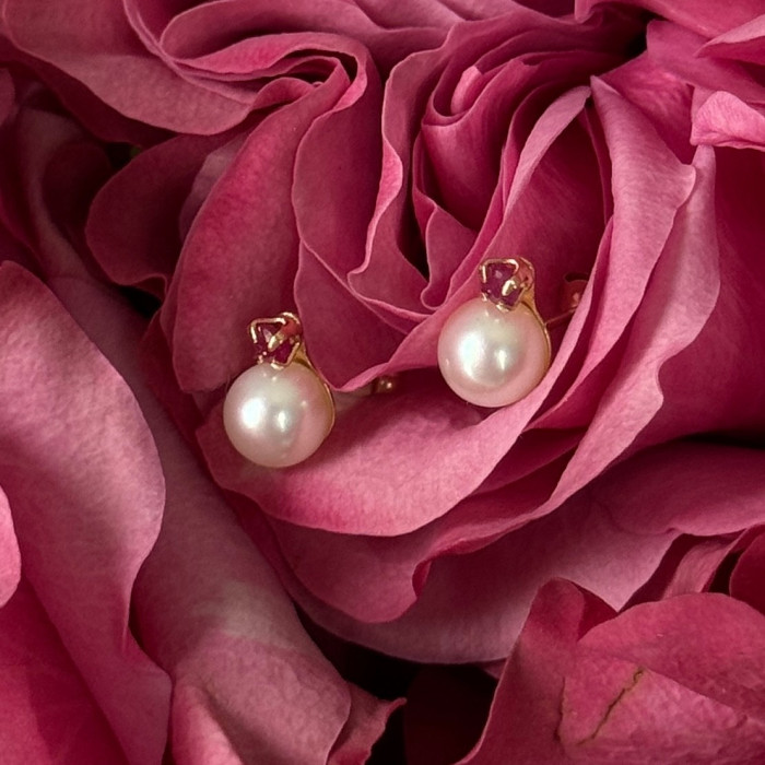 14K Yellow Gold Pearl & Ruby Stud Earrings