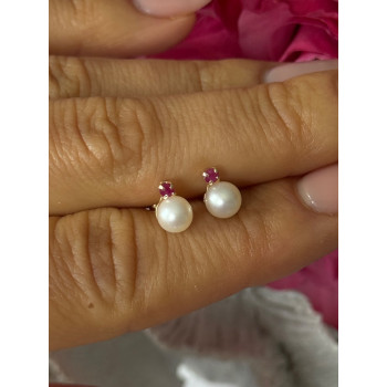 14K 585 Yellow Gold Pearl & Ruby Stud Earrings