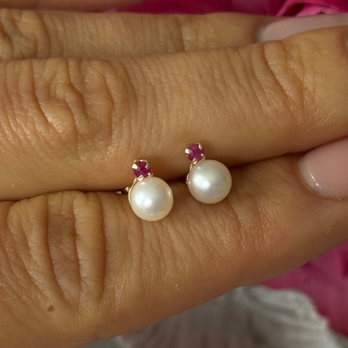 14K Yellow Gold Pearl & Ruby Stud Earrings