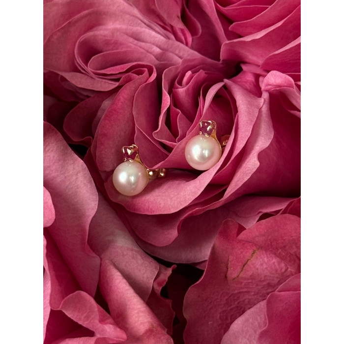 14K 585 Yellow Gold Pearl & Ruby Stud Earrings
