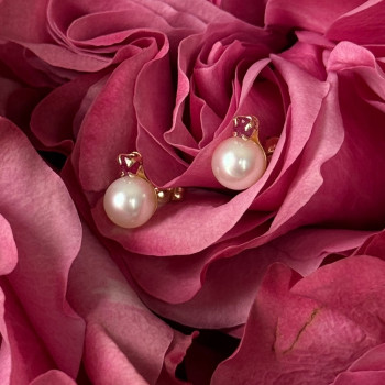14K Yellow Gold Pearl & Ruby Stud Earrings