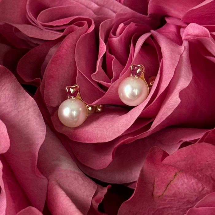 14K Yellow Gold Pearl & Ruby Stud Earrings