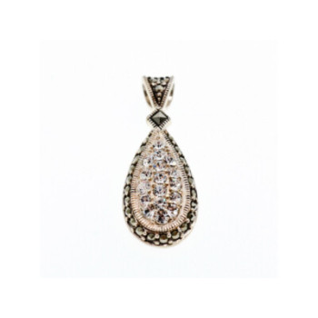 925 Sterling Silver CZ & Marcasite Drop Pendant
