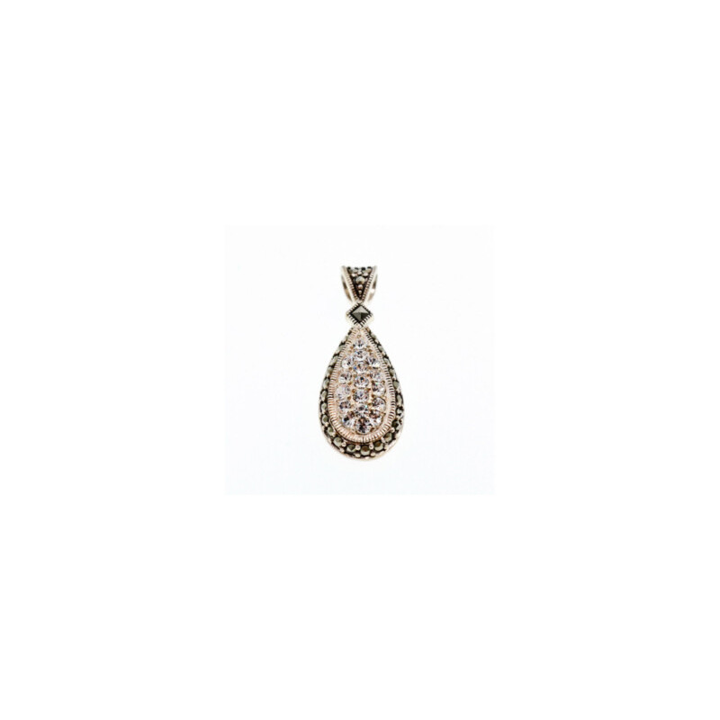 925 Sterling Silver CZ & Marcasite Drop Pendant