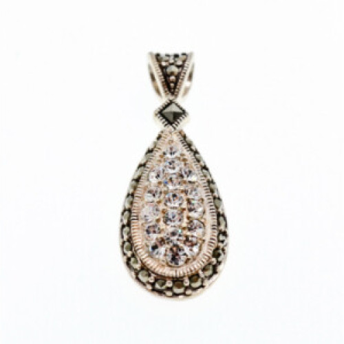 925 Sterling Silver CZ & Marcasite Drop Pendant