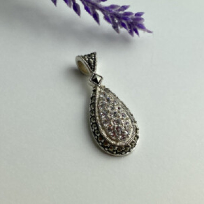 925 Sterling Silver CZ & Marcasite Drop Pendant