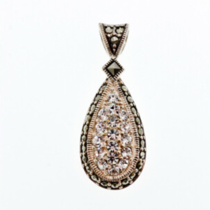 925 Sterling Silver CZ & Marcasite Drop Pendant
