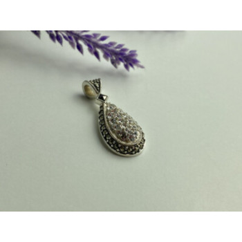 925 Sterling Silver CZ & Marcasite Drop Pendant