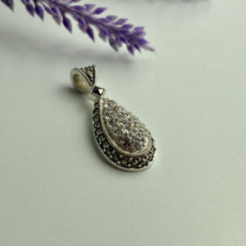925 Sterling Silver CZ & Marcasite Drop Pendant