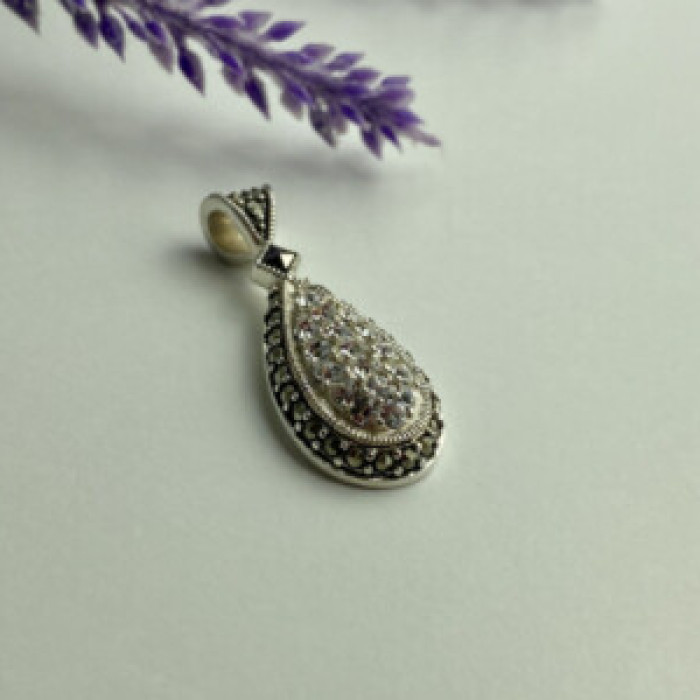 925 Sterling Silver CZ & Marcasite Drop Pendant